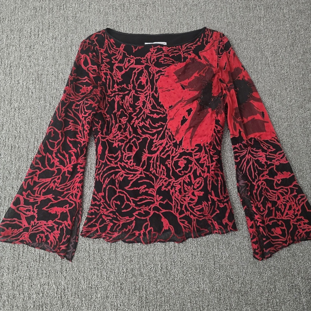 Papell Boutique S Silk Burnout Velvet Blouse Beaded Bell Sleeve Y2K Black Red